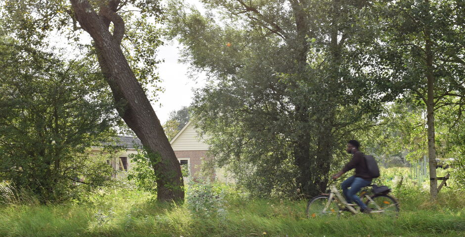 Fietser op fietspad in groene omgeving